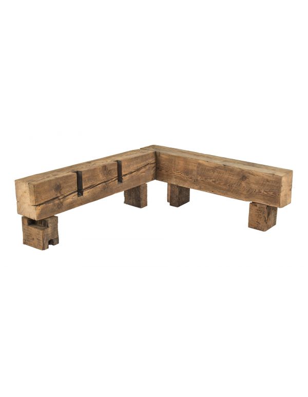 unique oversized old growth pine wood salvaged workers cottage pegged and notched sill plate l-shaped sitting bench 