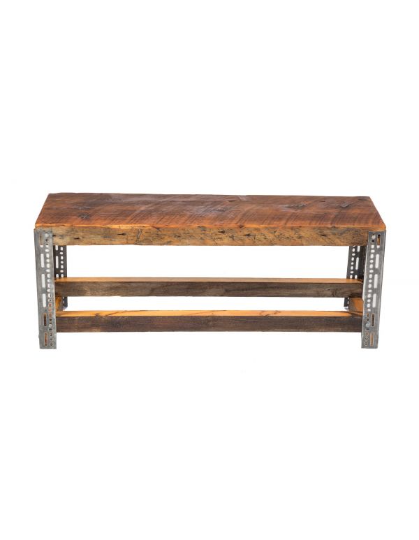 custom-built salvaged chicago vintage industrial old growth pine wood sitting bench with perforated steel legs 