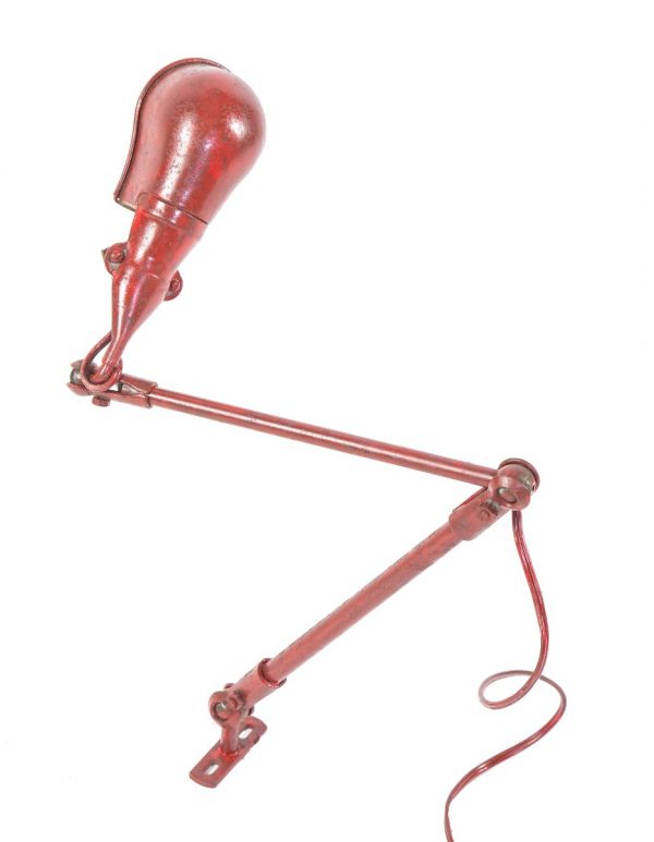 vintage american industrial weathered and worn red enameled triple-jointed articulating arm factory task lamp