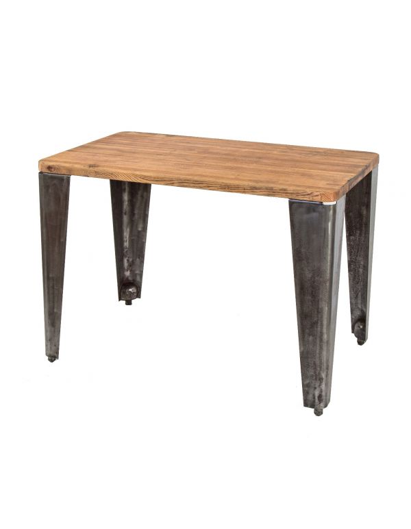 reinforced vintage american industrial salvaged chicago four-legged factory table with solid oak wood top and curved steel legs