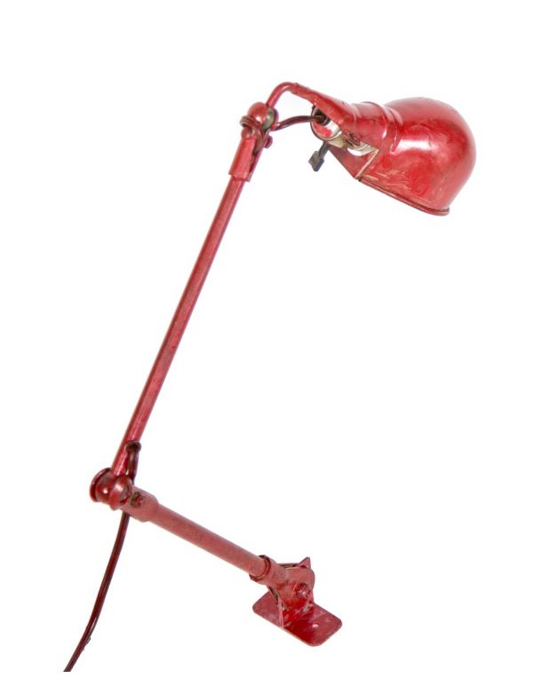 original vintage american industrial triple-jointed tubular steel weathered and worn red enameled fostoria task lamp
