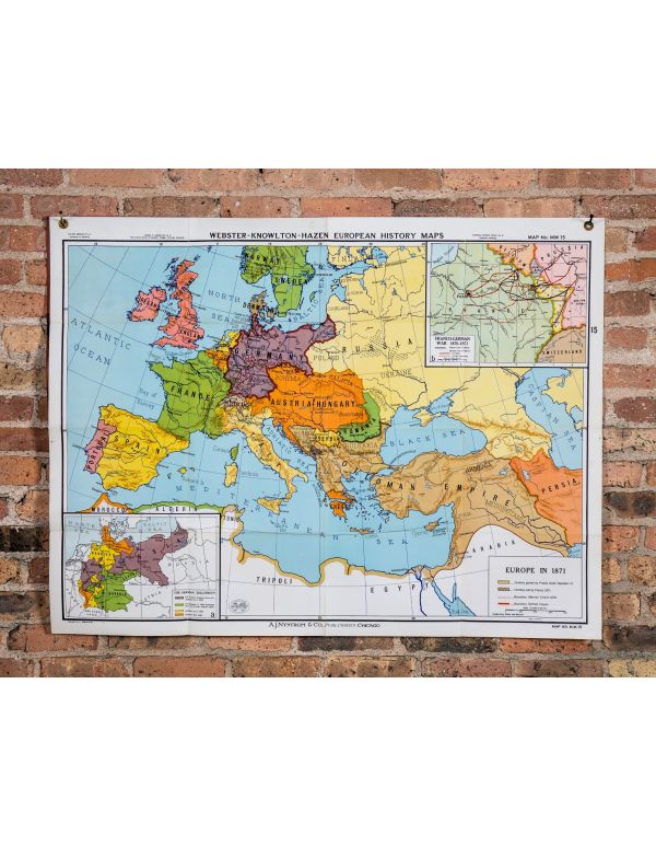 rare vintage american salvaged chicago public school oversized european history wall map by a.j. nystrom