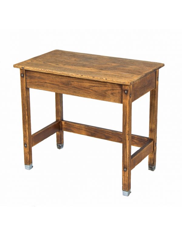 exceptional early 20th century refinished solid oak wood salvaged chicago school laboratory table with cast iron shoes 