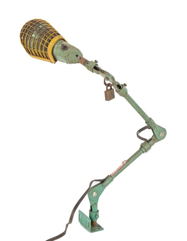 fully adjustable vintage american industrial salvaged chicago factory machine shop lamp with green enameled finish 