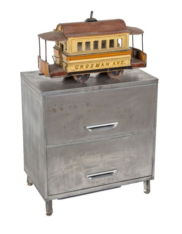 vintage industrial brushed metal low-lying two-drawer "steelmaster" side table or console supported by four-legged base