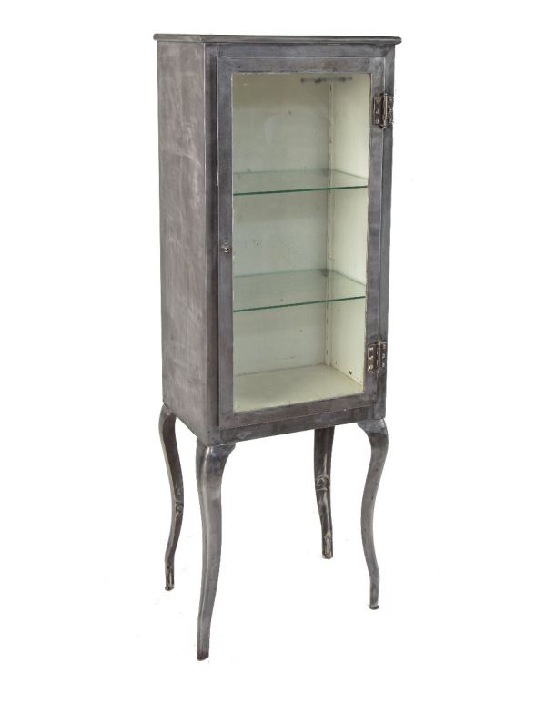 highly sought after early 20th century refinished brushed metal hospital operating room instrument cabinet with cabriole style legs
