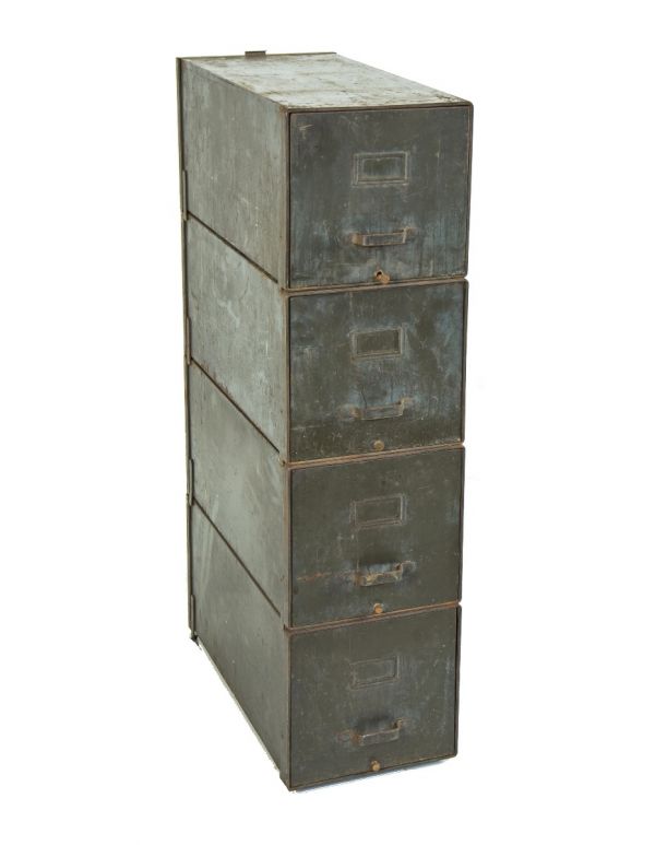 original freestanding salvaged chicago antique american four-unit stackable filing cabinet with original dark green enameled finish 