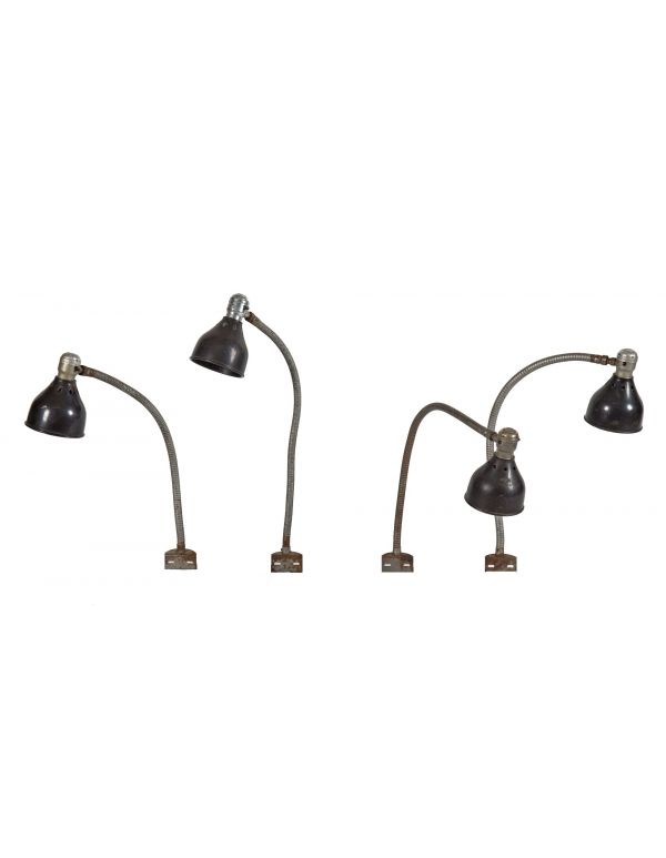 one of two matching vintage industrial salvaged chicago adjustable factory machine gooseneck lamps with shades