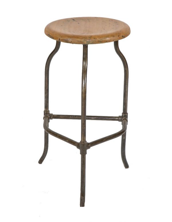 refinished c. 1920's salvaged chicago three-legged steel stationary stool with original wood top 