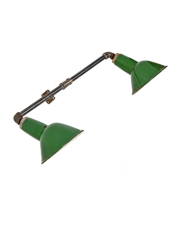 vintage american industrial double-arm green porcelain enameled reflector wall sconce with threaded steel pipe fitter 