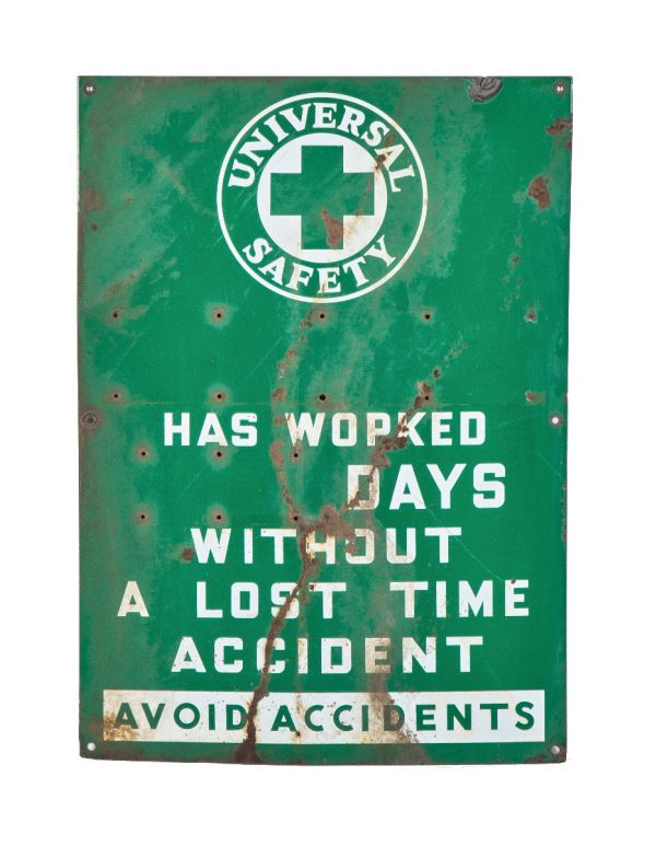 early american depression-era green porcelain enameled steel safety first workplace injury "scorecard" with bold white lettering