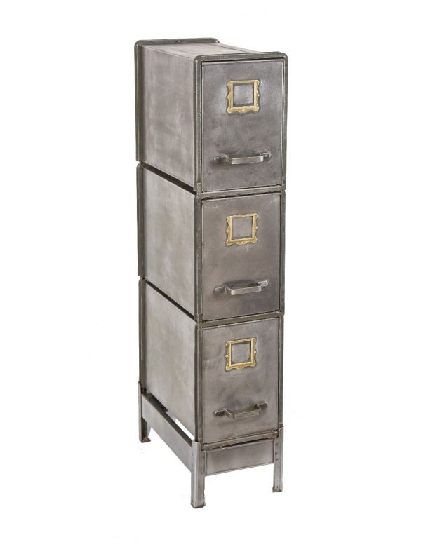 rare early 20th century antique american industrial three-tier stackable pressed and folded steel filing cabinet with original pulls and four-legged base