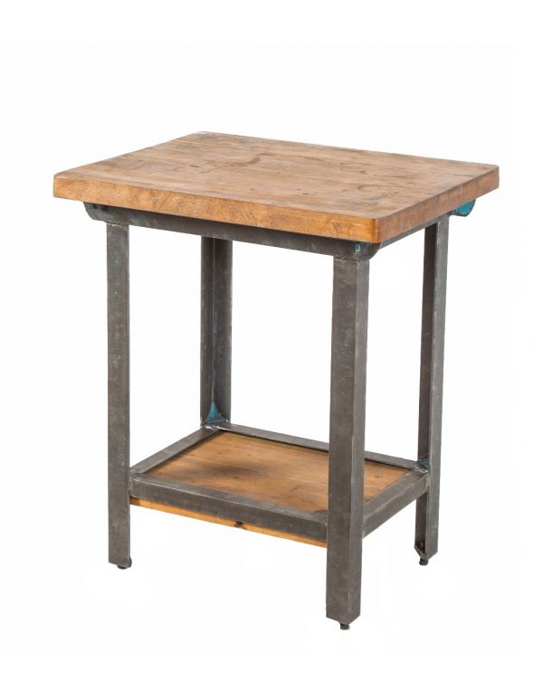 welded joint four-legged american industrial brushed metal stationary work station or side table with maple wood top  