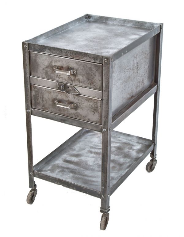 single brushed metal vintage american industrial salvaged chicago factory double-drawer mobile cart with bassick casters 