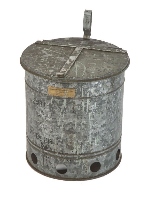 early 20th century salvaged chicago galvanized steel factory oily waste can with hinged lid and perforated bottom