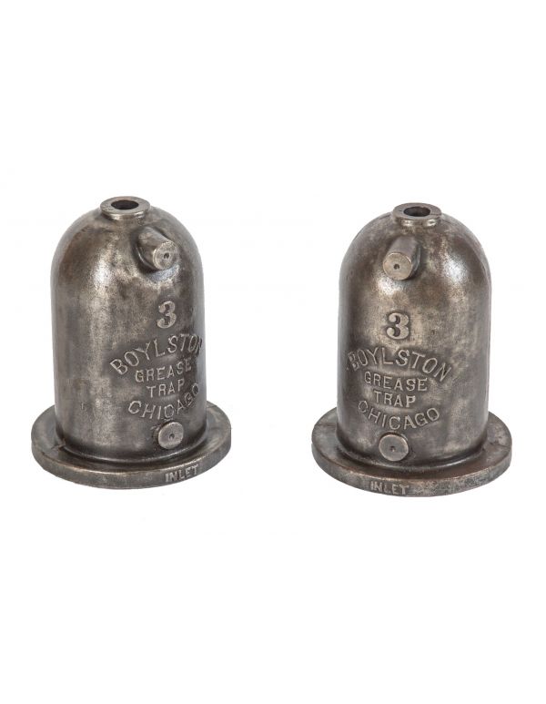 matching pair of original early 20th century american industrial no. 3 brushed cast iron boylston steam pipe grease traps with deeply embossed lettering