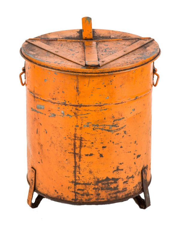 unusual oversized c. 1950s heavy duty weathered and worn orange enameled "oily rag" factory machine shop waste can 