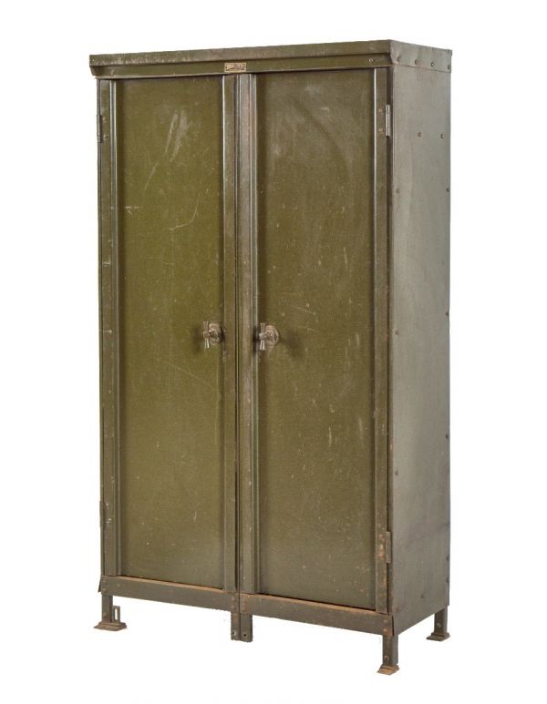 completely intact 1920s salvaged chicago church double-door steel freestanding storage cabinet with original olive green enameled finish 