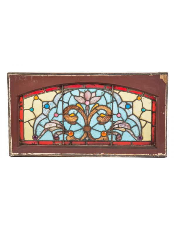 1880's salvaged chicago intact interior residential richly colored stained glass window bedecked with jewels 