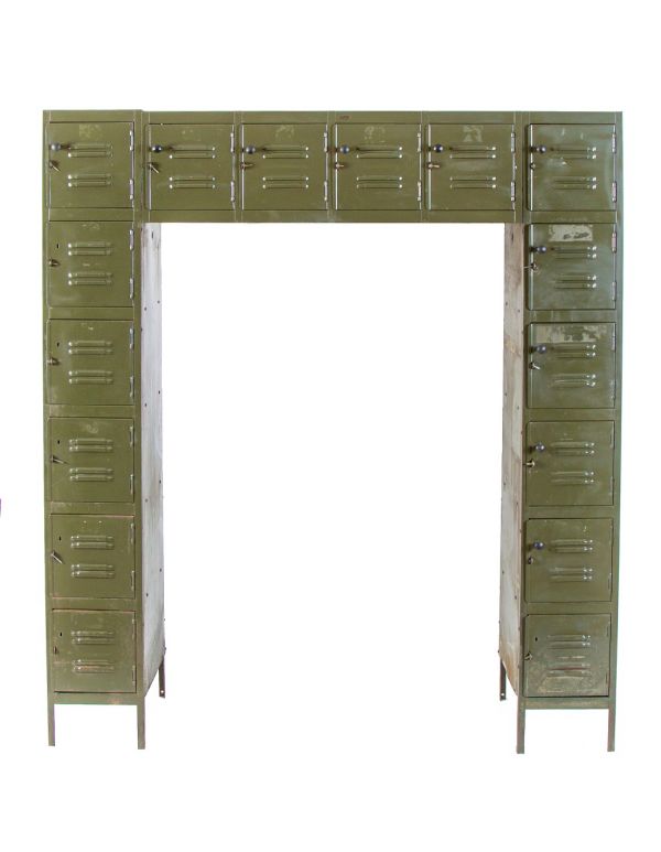 hard to find vintage american industrial olive green enameled three-piece sectional freestanding chicago factory locker