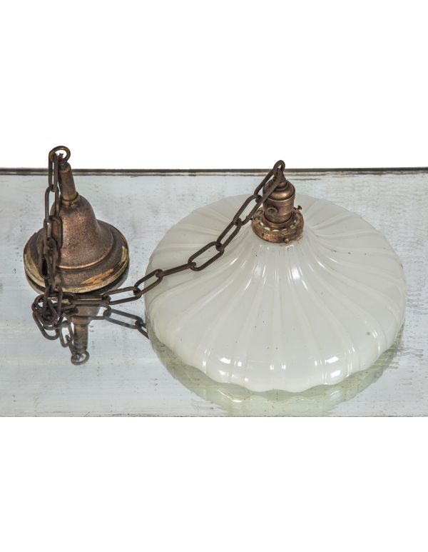 salvaged chicago single-light factory office pendant with ornamental pressed white glass shade 