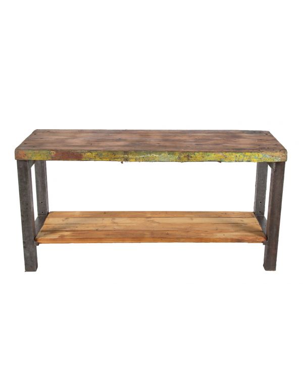 heavy duty depression-era salvaged chicago factory shop bench with nicely worn and weathered wood slab top