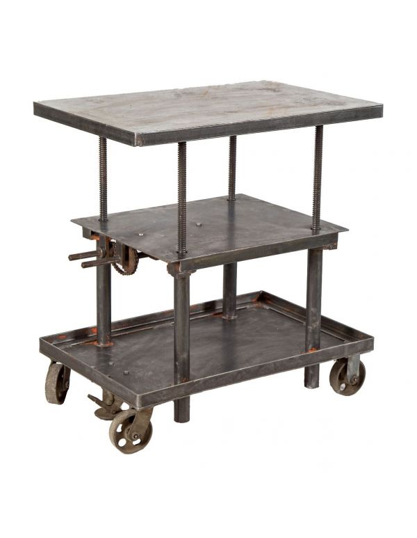 refinished adjustable height multi-tier factory machine shop barrett die cart with crank and brushed metal finish