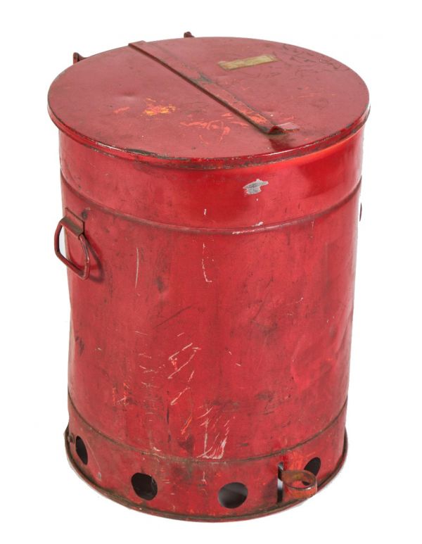 original c. 1930's salvaged chicago oversized "justrite" red enameled steel foot-operated factory oily rag waste can