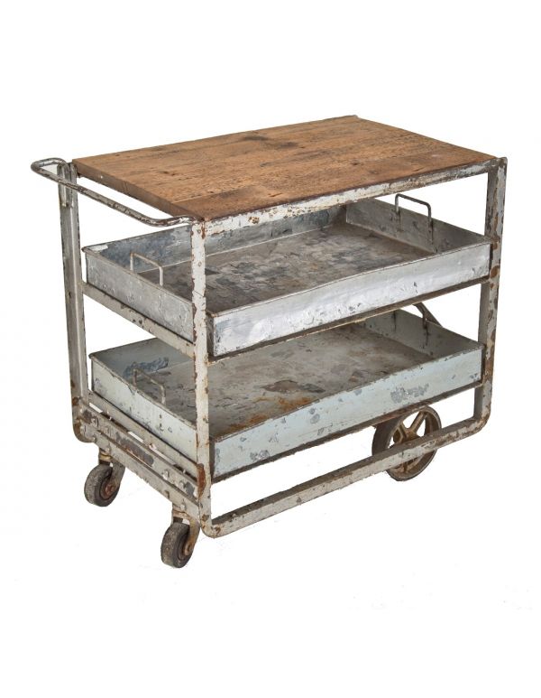 fully functional early 20th century salvaged chicago multi-tier shelving unit with nicely distressed wood top