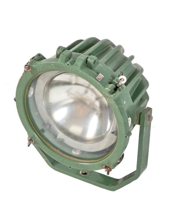 reinforced salvaged chicago green enameled steel trunnion mount spotlight with pressed glass convex lens
