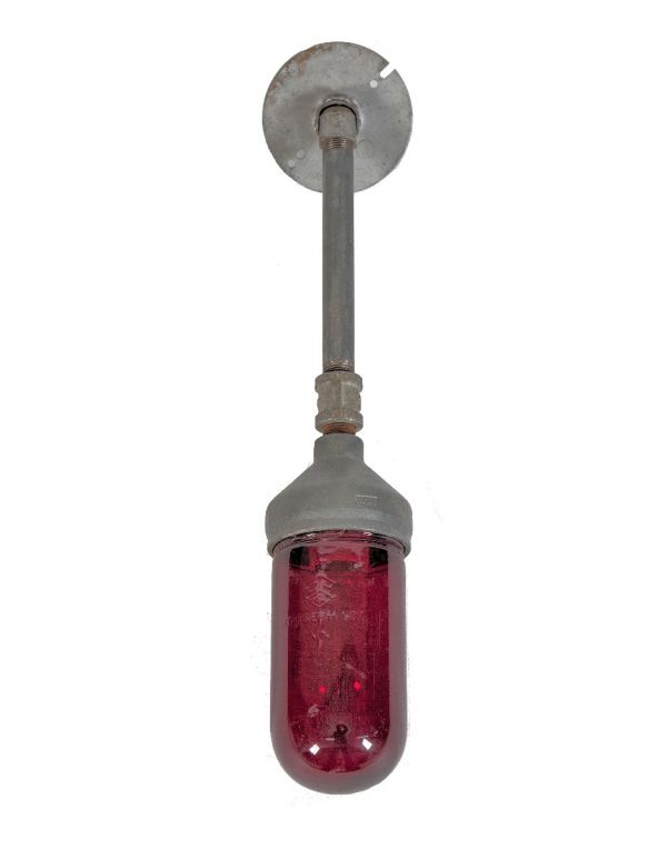 original vintage american industrial pivoting single electric ruby red glass globe factory pendant light 