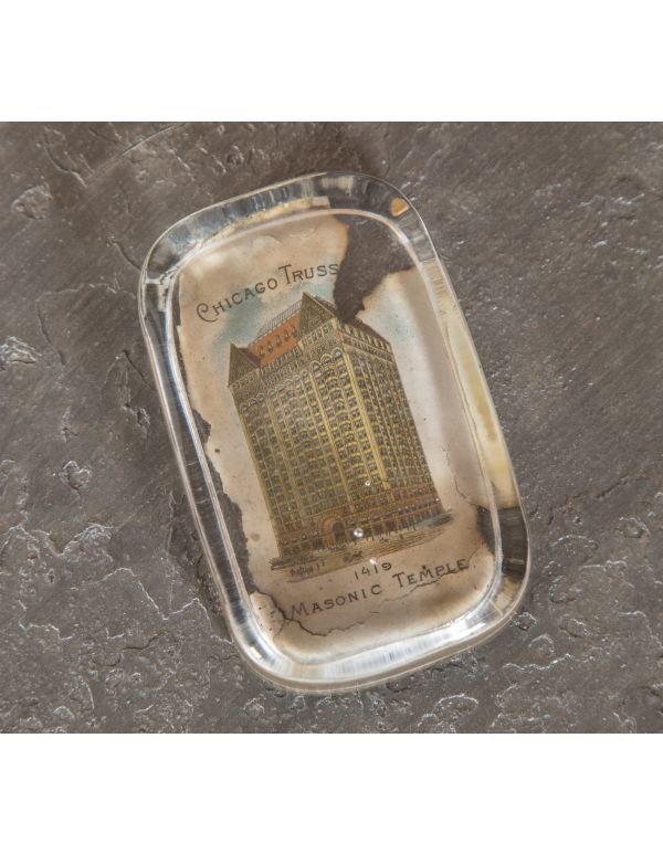 rare 19th century largely intact glass paperweight featuring burnham and root's masonic temple buildinf 