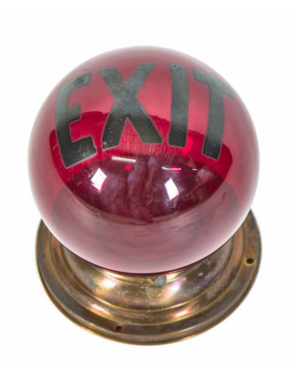 single 1920s american art deco ruby red glass wall-mount exit light or sconce with baked enameled bold black lettering 