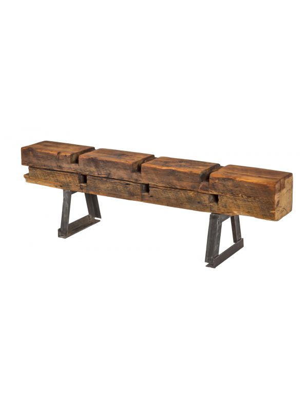 repurposed salvaged chicago worker cottage heavily notched sill plate old growth pine wood sitting bench 