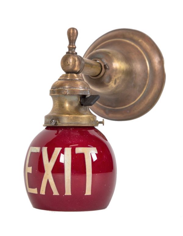 original early 20th century salvaged chicago wall-mount illuminated exit light wall sconce with ruby red globe
