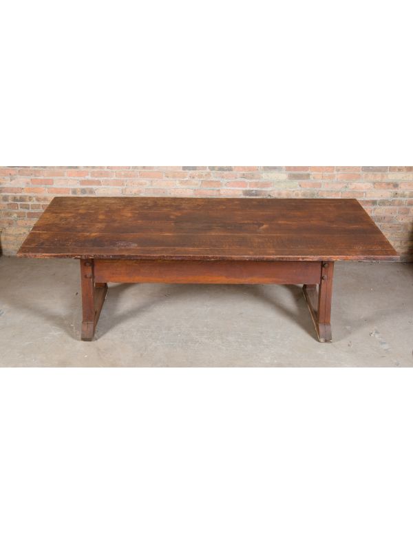 highly sought after gargantuan  early 20th century quartered oak wood salvaged chicago school library table with distinctive base
