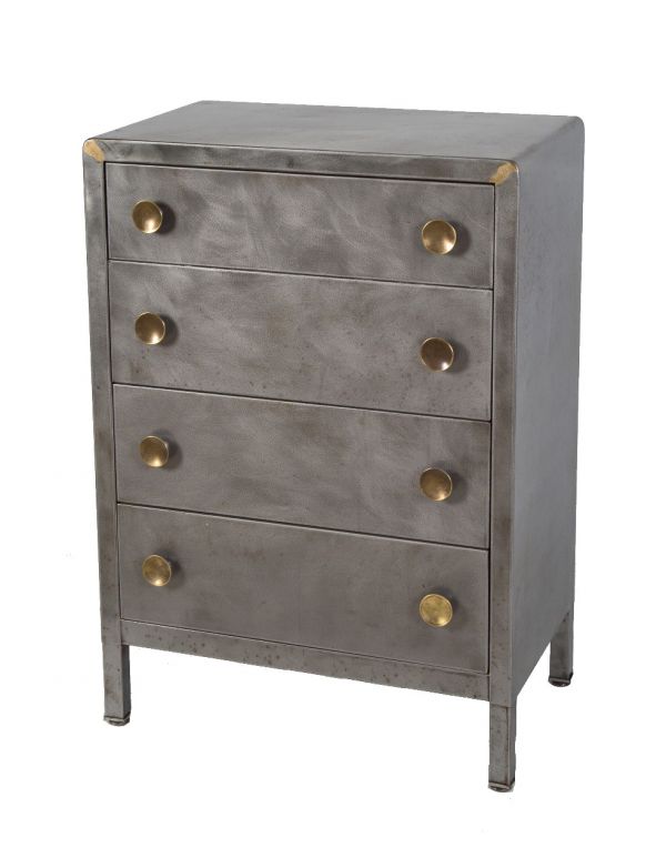highly sought after refinished salvaged chicago brushed metal simmons dresser with original spun brass handles