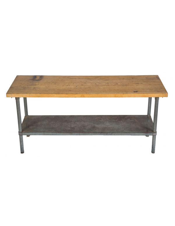 vintage american four-legged salvaged chicago hotel butcher block commercial kitchen table with steel undershelf