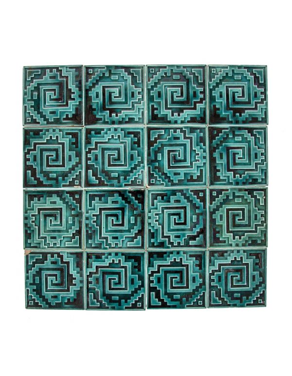 richly colored deep sea green salvaged chicago american victorian era fireplace tile surround with strongly geometric pattern 