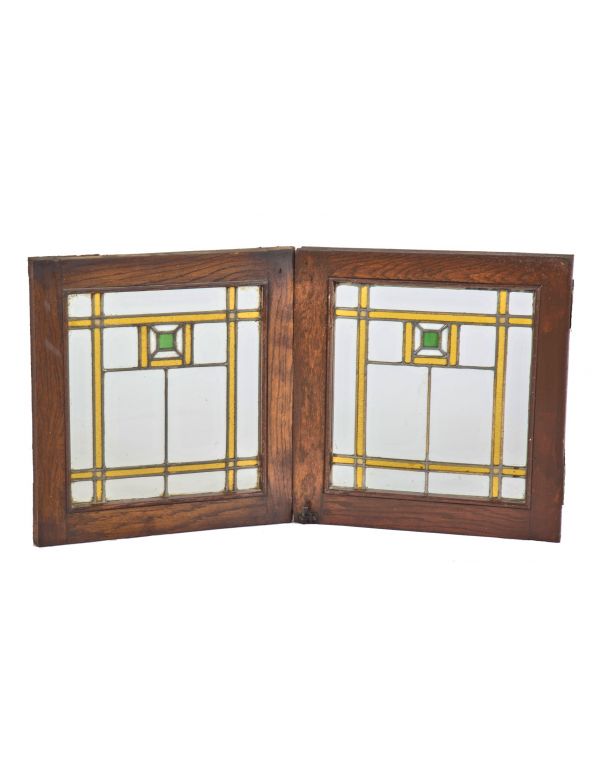 one of two matching sets of early 20th century salvaged chicago prairie style oak wood cabinet doors with art glass windows
