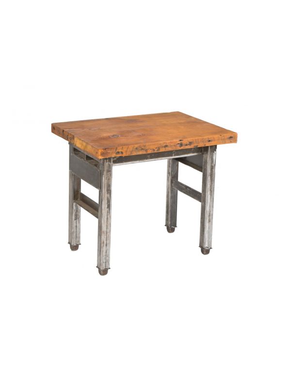 vintage american industrial multipurpose stationary side table with brushed steel four-legged base and varnished pine wood top 