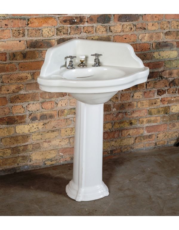 c. 1920's american art deco salvaged chicago residential bathroom or lavatory corner sink with distinctive pedestal base 