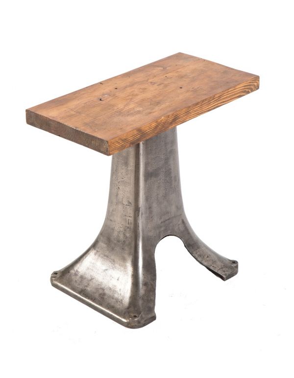 early 20th century antique american industrial low-lying refinished cast iron stationary side table with pine wood top