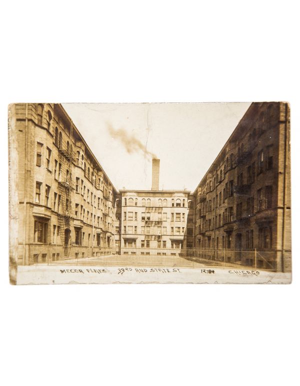 rare postmarked real photo post card of 1892 apartment complex mecca flats outdoor courtyard 