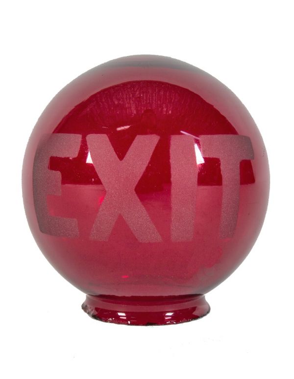 single all original and intact ruby red glass lightly etched antique american salvaged chicago exit light globe