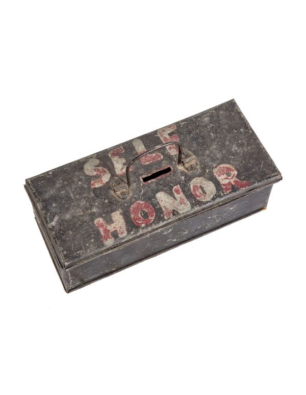 original hand-made early 20th century new york city produce market "self honor" american folk art change box with drop handle