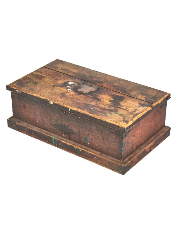 nicely weathered reinforced painted pine wood civil war-era carpenter's tool chest with riveted strap hinges and distinctive exterior metal plaques