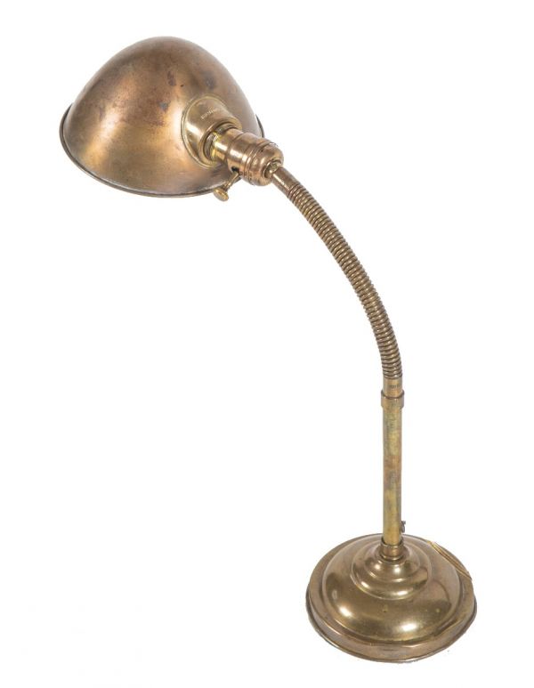 early 20th century antique american industrial factory foreman's adjustable gooseneck brass desk lamp with harvey hubbell parabolic shade