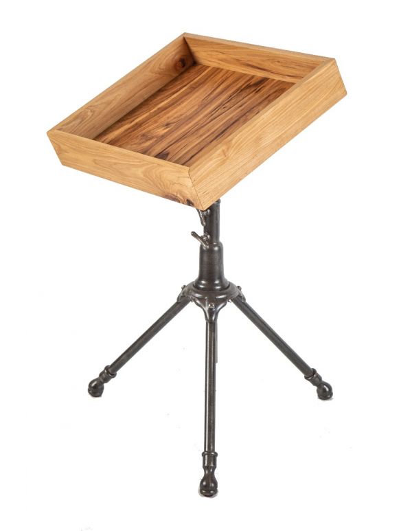 hard to find original antique early 20th century american industrial three-legged freestanding "peerless" drafting table base with custom zebra wood display box 
