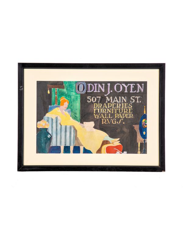 early 20th century framed and matted odin j. oyen hand-painted unsigned polychrome watercolor advertisement 